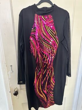 Black Long Sleeve Dress with Pink & Gold Sequin Panel